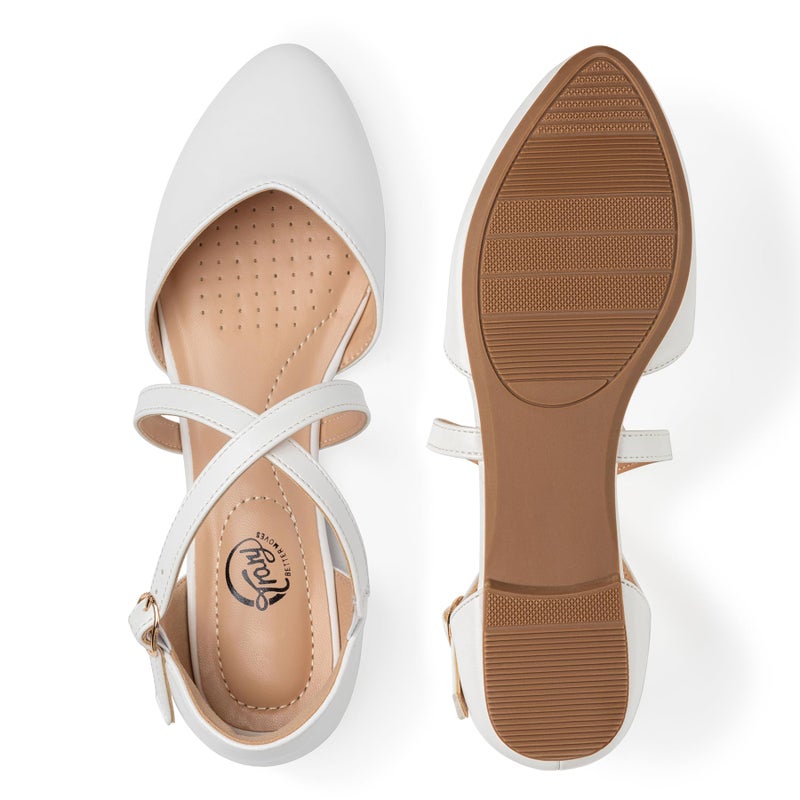 Trary White Mary Jane Flats for Women, Pointed Toe PU Leather Ballet Flats with Double Cross Ankle Straps, Comfortable Casual Dress Shoes Size 9 - Image 4